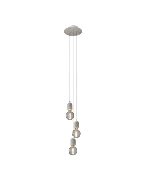 3-light pendant lamp with 200 mm round Rose-One, featuring fabric cable and concrete finishes