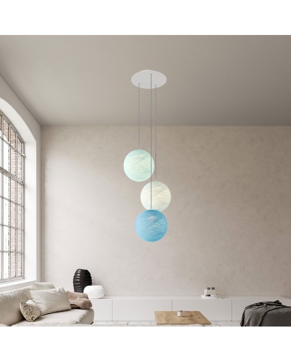 3-light pendant lamp with 400 mm round XXL Rose-One, featuring fabric cable and Sphere M lampshade