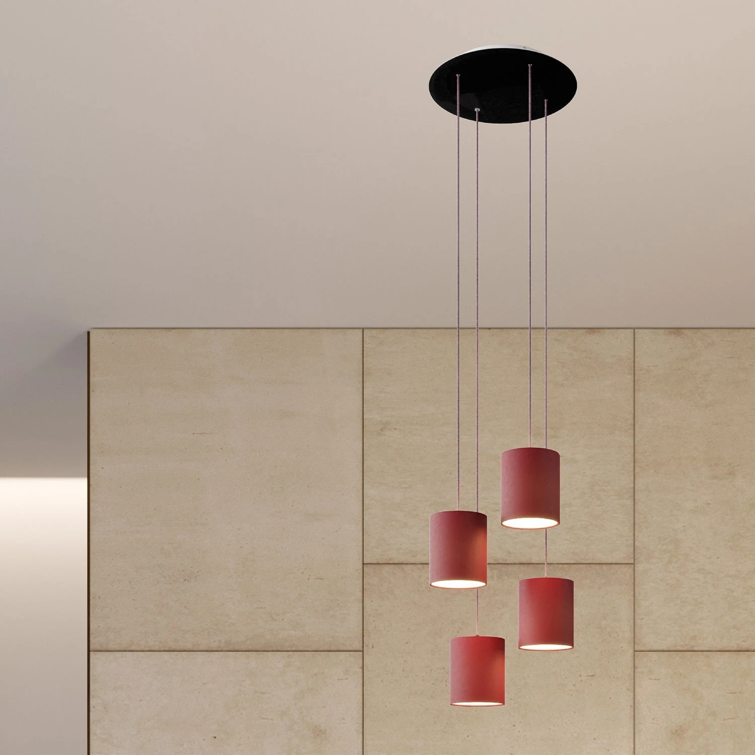 4-light pendant lamp with 400 mm round XXL Rose-One, featuring fabric cable and fabric Cylinder lampshade