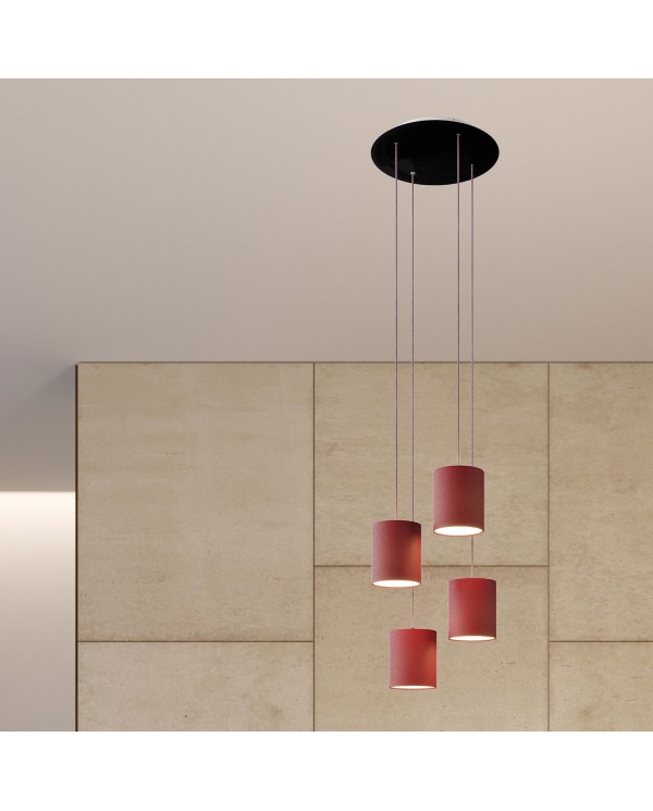 4-light pendant lamp with 400 mm round XXL Rose-One, featuring fabric cable and fabric Cylinder lampshade