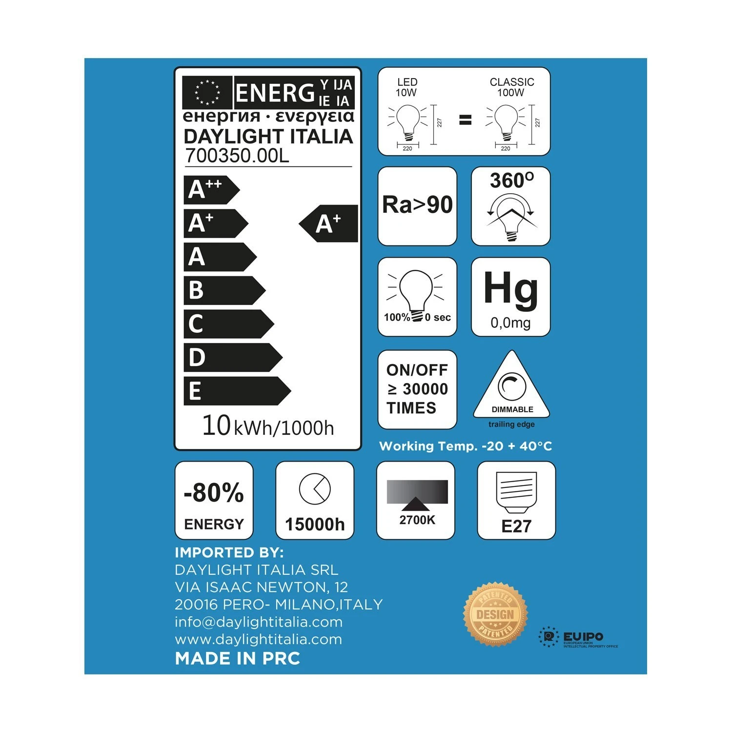 LED Porcelain Light Bulb XL Delo Ciaobella Line 10W 1000Lm 2700K Dimmable