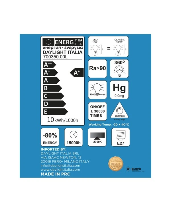 LED Porcelain Light Bulb XL Delo Ciaobella Line 10W 1000Lm 2700K Dimmable