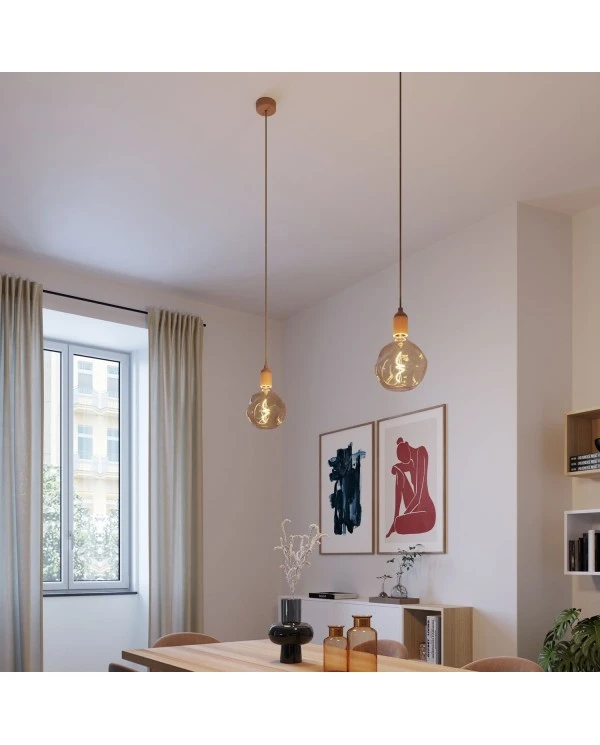 Pendant light Made in Italy complete with fabric cable and wood finishing