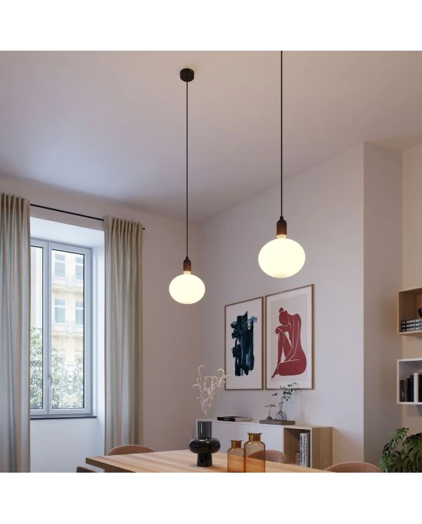 Pendant light Made in Italy complete with fabric cable and wood finishing