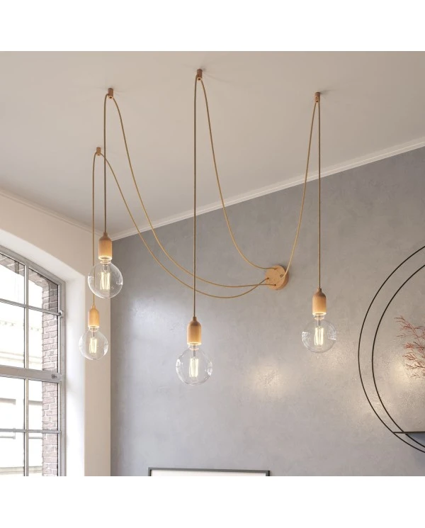 Spider - multiple 4-fall pendant light Made in Italy complete with fabric cable and wood finishing