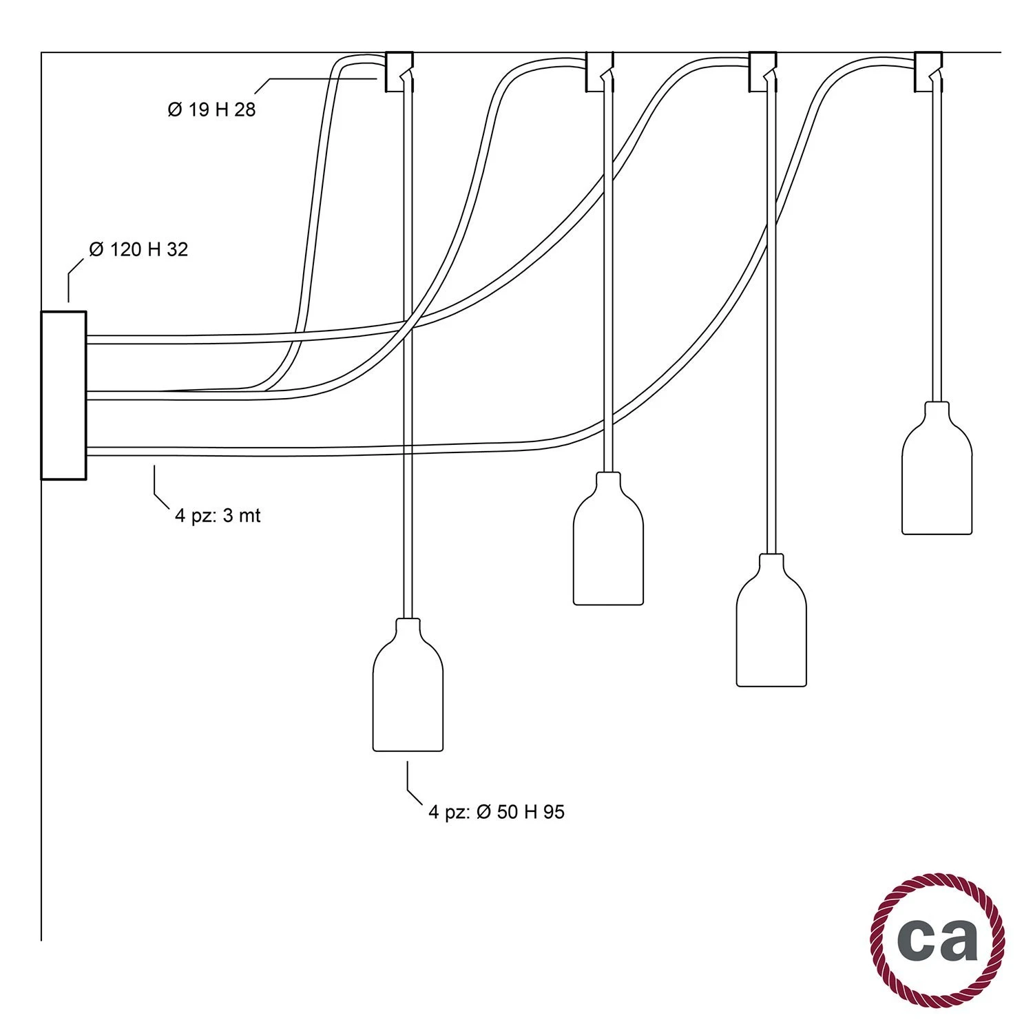 Spider - multiple 4-fall pendant light Made in Italy complete with fabric cable and wood finishing