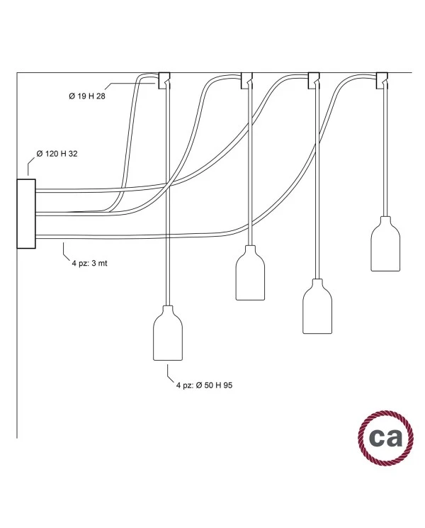 Spider - multiple 4-fall pendant light Made in Italy complete with fabric cable and wood finishing