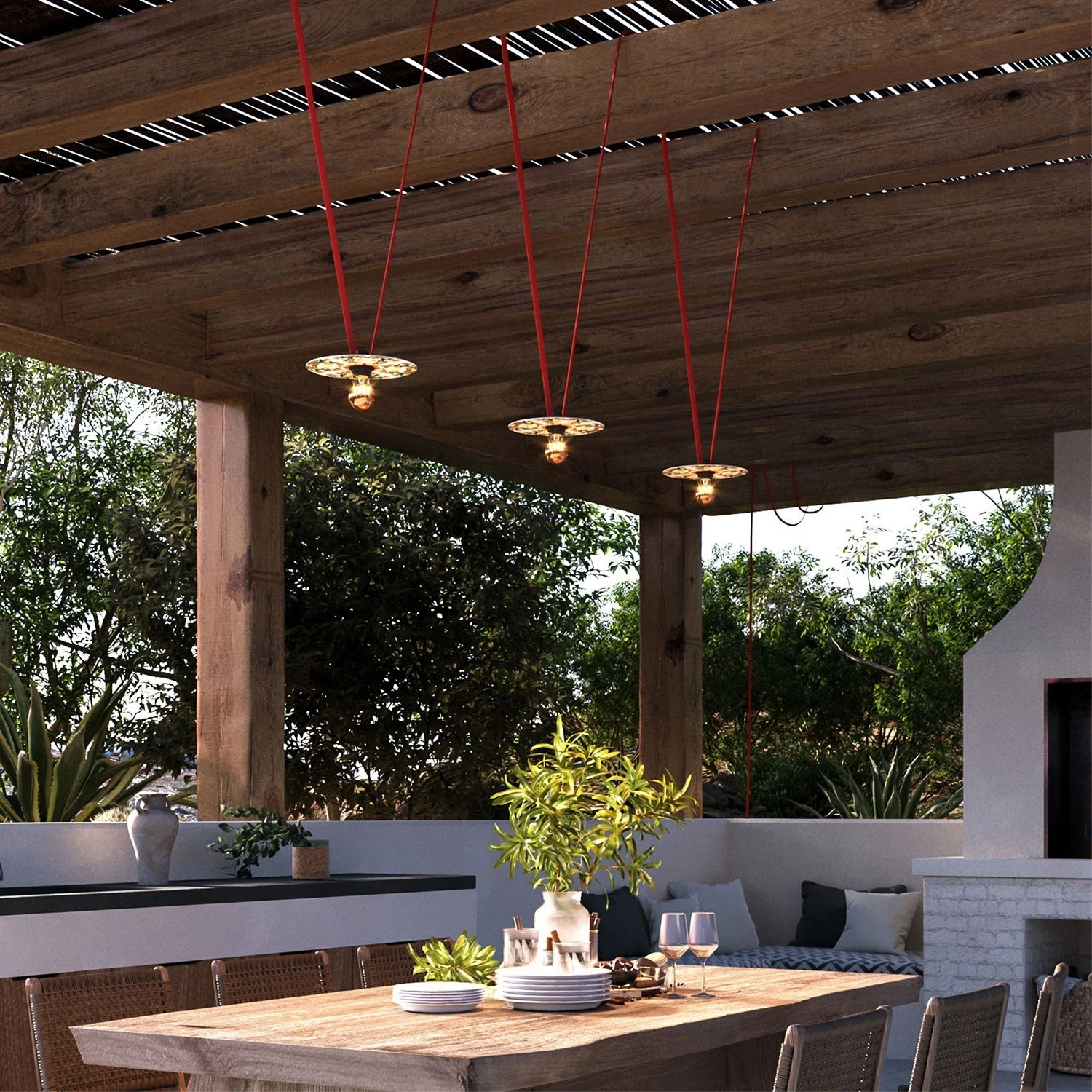 Maioliche' String Light Lumet System starting from 10 m with fabric cable, 3 lamp holders and lampshades, hook and black plug