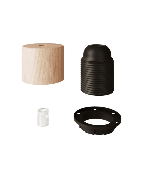 Wood E27 cylindrical threaded lamp holder kit with cable clamp for lampshade