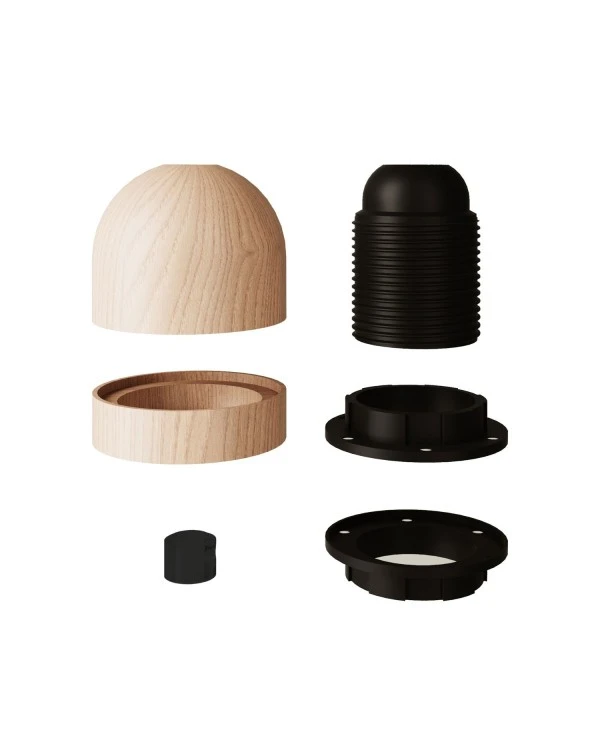 Wood E27 threaded hemispherical lamp holder kit with hidden cable clamp and ferrule cover for lampshade