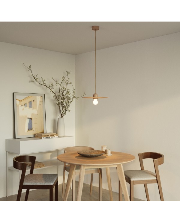 Wood suspension lamp with fabric cable and UFO lampshade