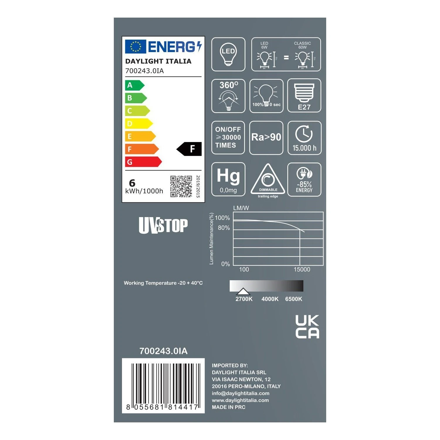 LED Porcelain Light Bulb Milo 6W 530Lm E27 2700K Dimmable