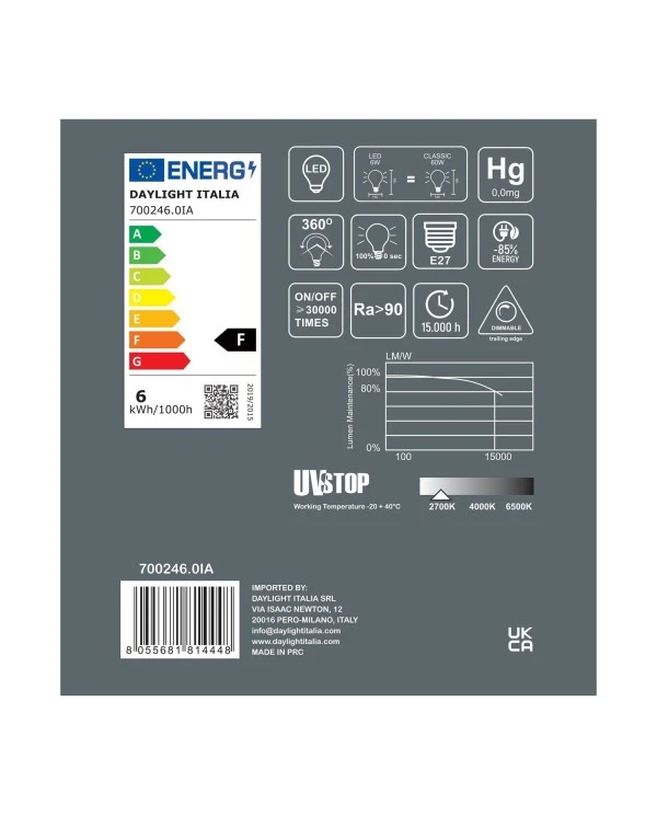 LED Porcelain Light Bulb Delo 6W 580Lm E27 2700K Dimmable