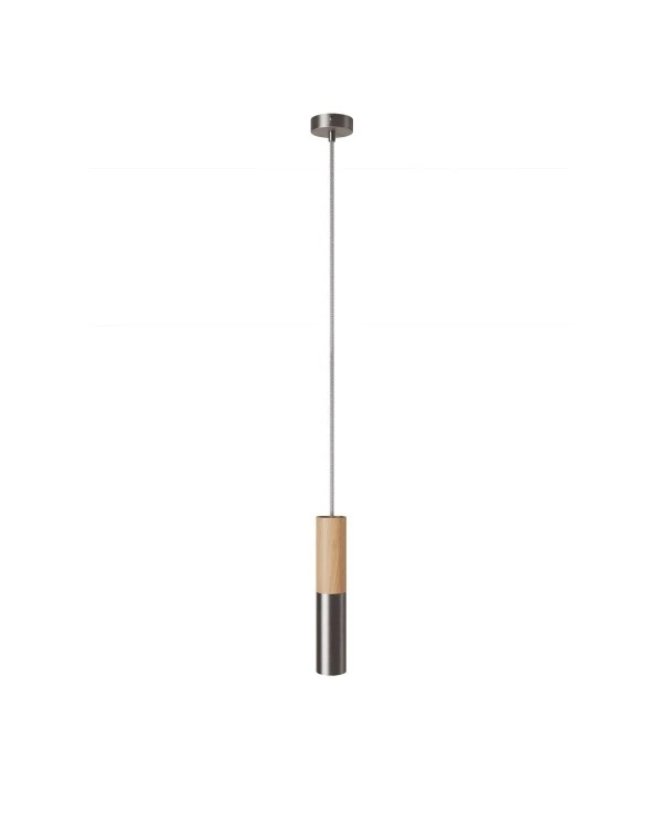 Pendant lamp complete with textile cable and double Tub-E14 wood and metal shade - Made in Italy