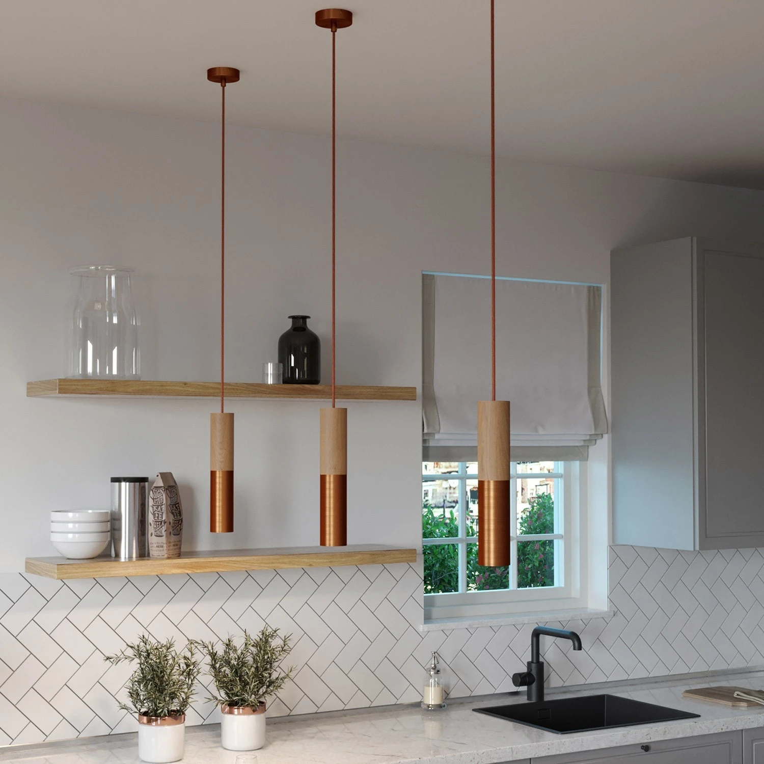 Pendant lamp complete with textile cable and double Tub-E14 wood and metal shade - Made in Italy