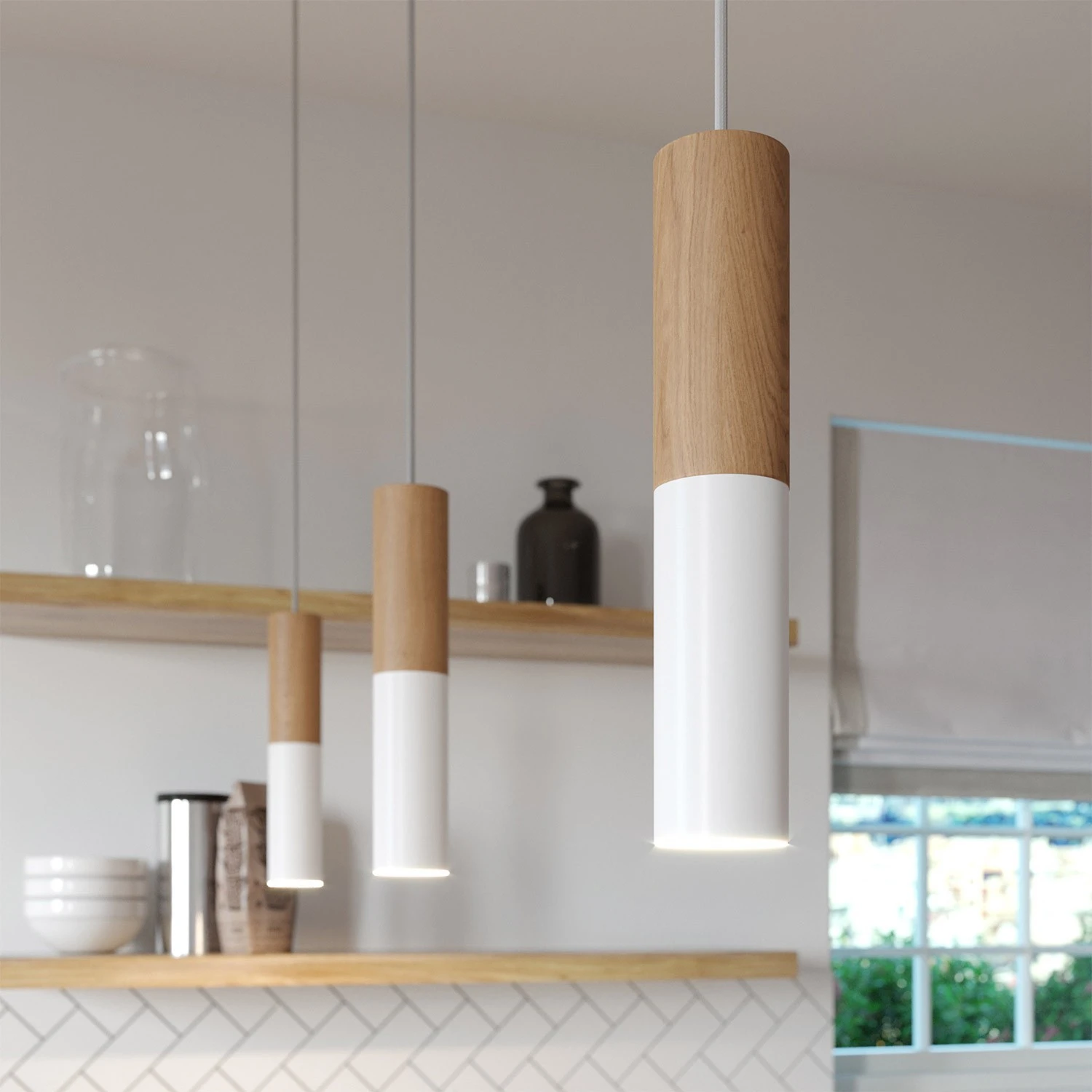 Pendant lamp complete with textile cable and double Tub-E14 wood and metal shade - Made in Italy