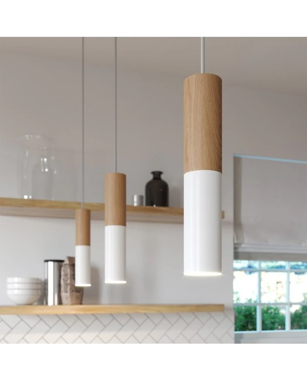 Pendant lamp complete with textile cable and double Tub-E14 wood and metal shade - Made in Italy