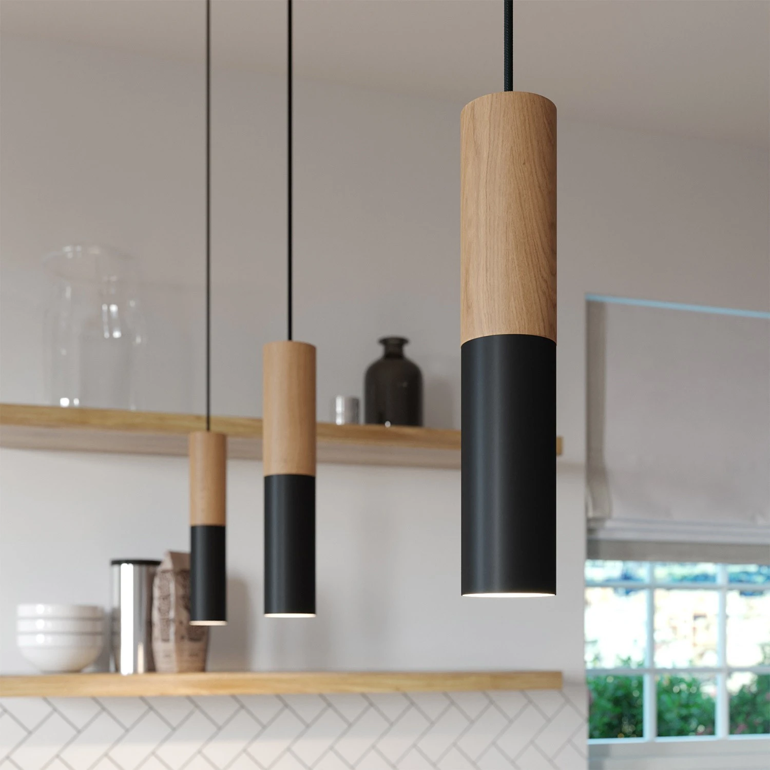 Pendant lamp complete with textile cable and double Tub-E14 wood and metal shade - Made in Italy