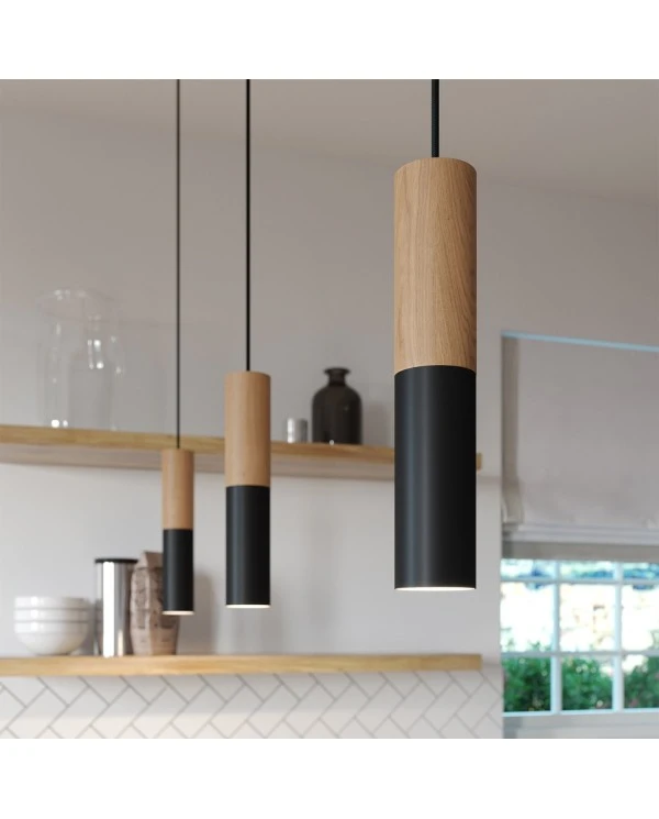 Pendant lamp complete with textile cable and double Tub-E14 wood and metal shade - Made in Italy