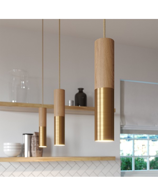 Pendant lamp complete with textile cable and double Tub-E14 wood and metal shade - Made in Italy