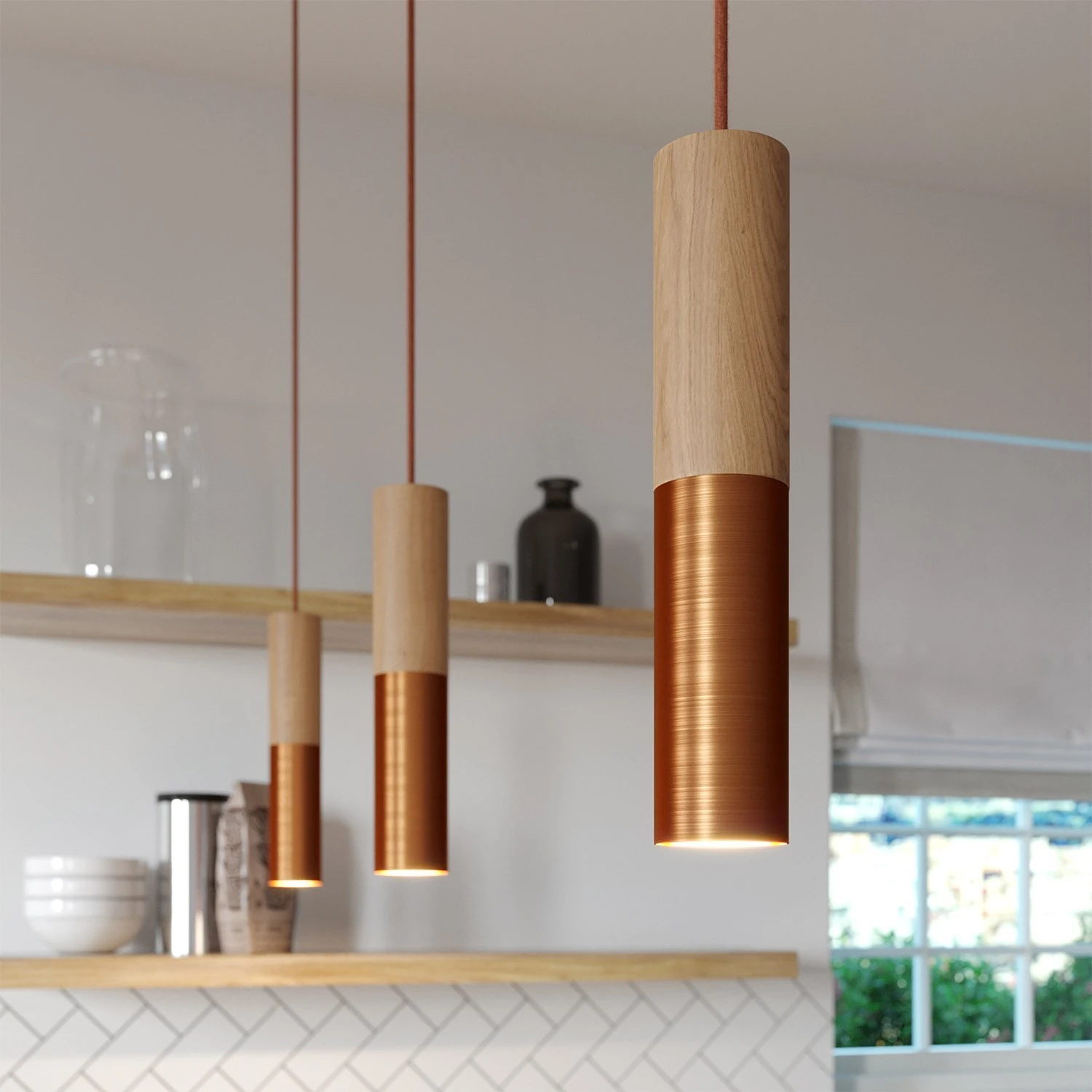 Pendant lamp complete with textile cable and double Tub-E14 wood and metal shade - Made in Italy