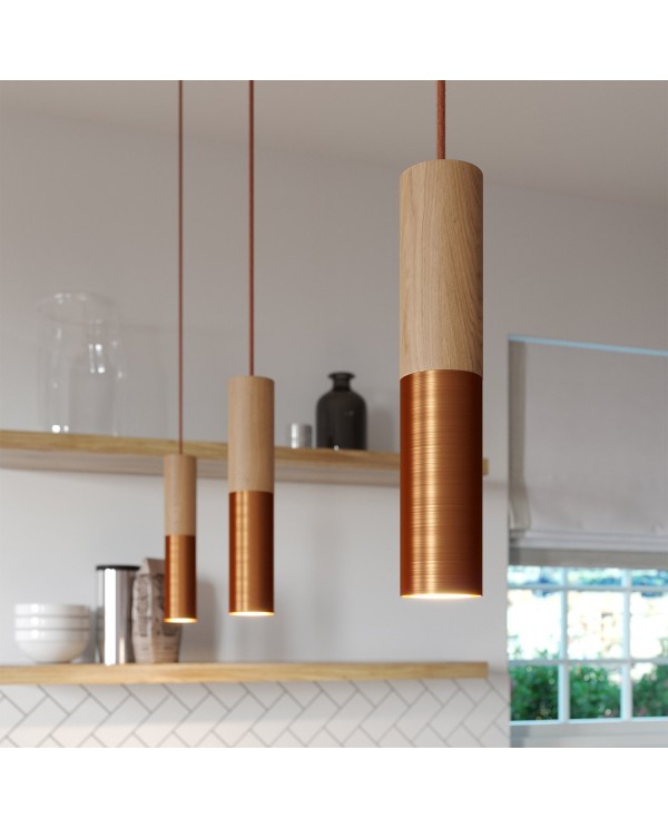 Pendant lamp complete with textile cable and double Tub-E14 wood and metal shade - Made in Italy