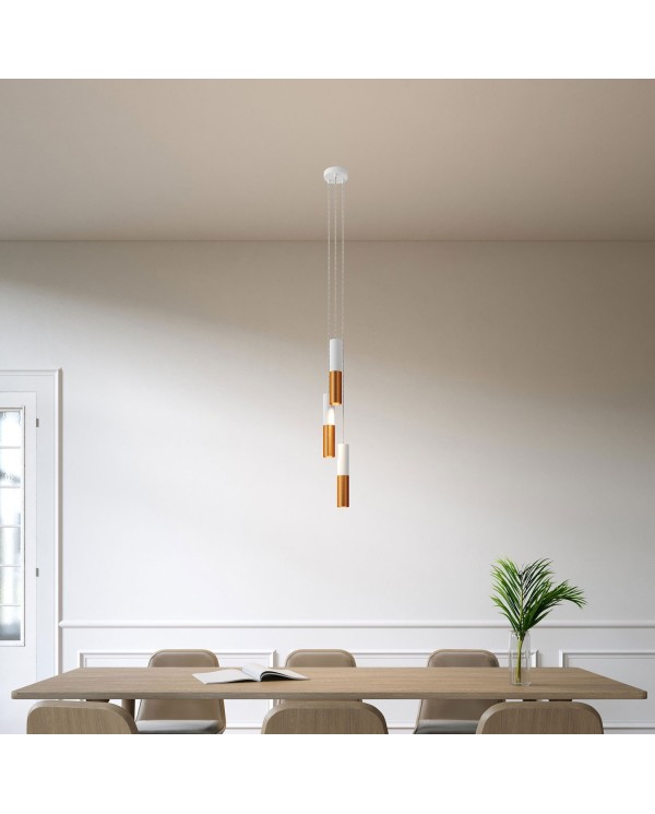 3-light multi-pendant lamp featuring fabric cable and Double Tub-E14 metal lampshade
