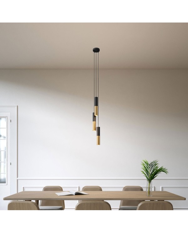 3-light multi-pendant lamp featuring fabric cable and Double Tub-E14 metal lampshade