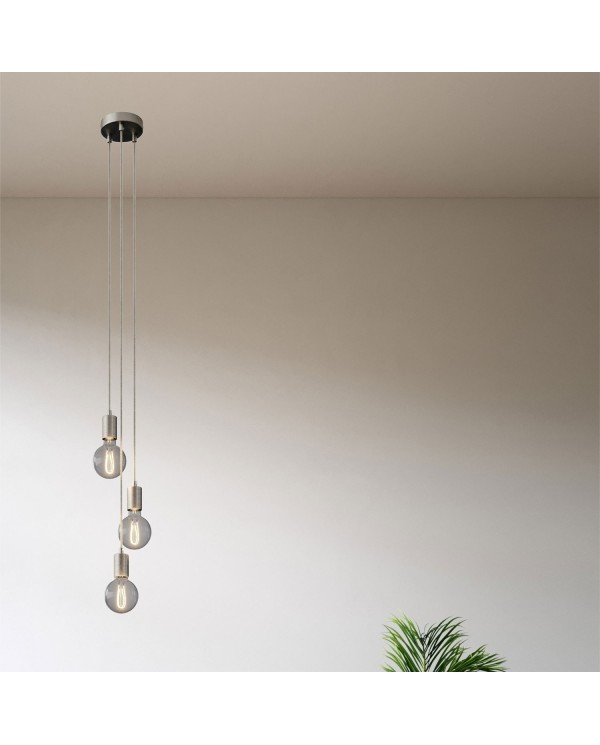 3-light multi-pendant lamp featuring fabric cable and metal finishes