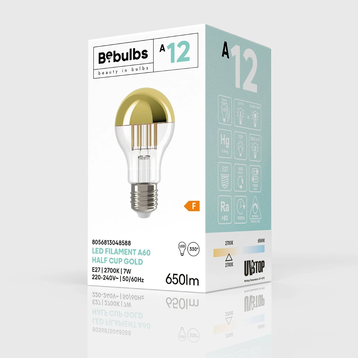 LED Gold Half Sphere Drop Light Bulb A60 7W 650Lm E27 2700K Dimmable - A12