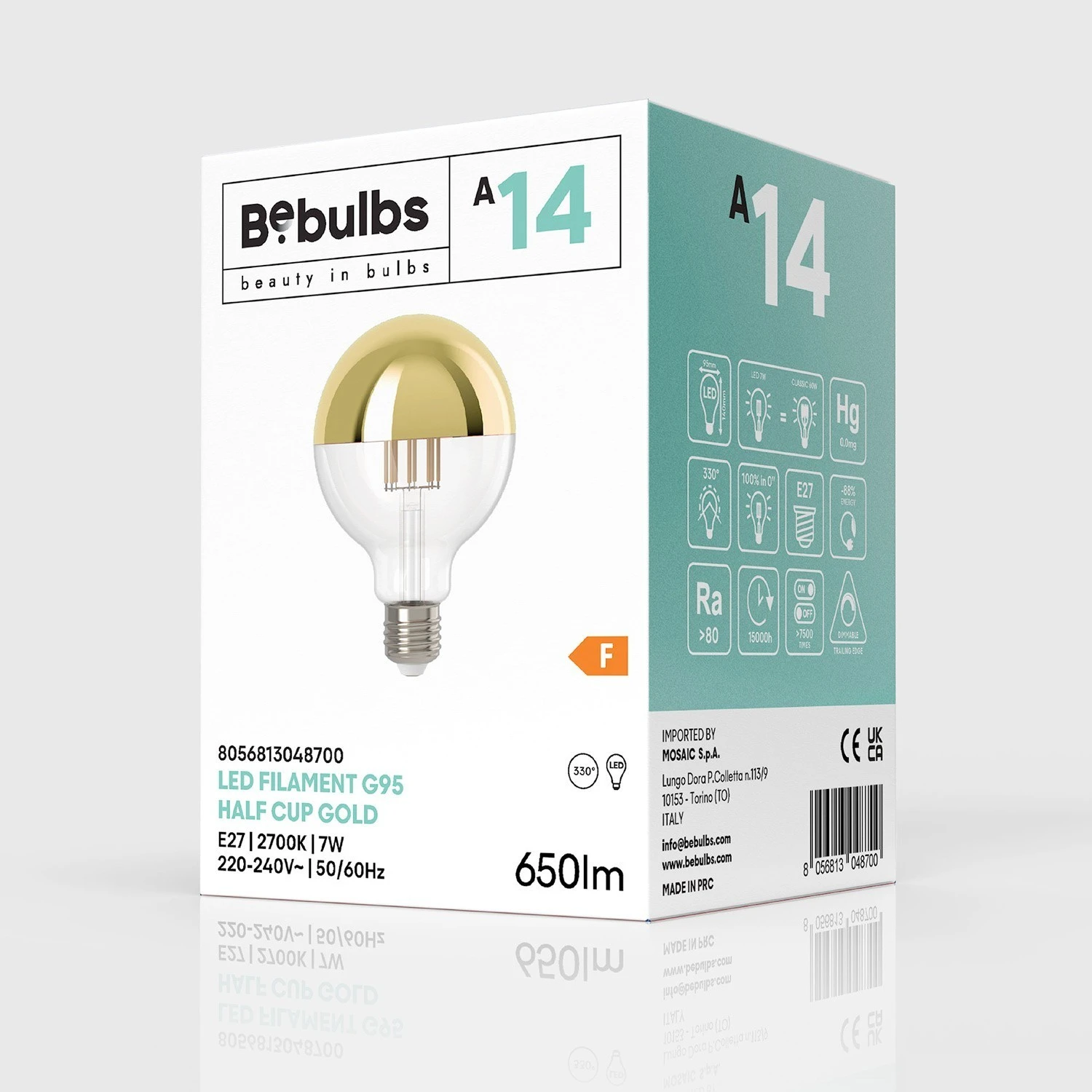 LED Gold Half Sphere Globe Light Bulb G95 7W 650Lm E27 2700K Dimmable - A14