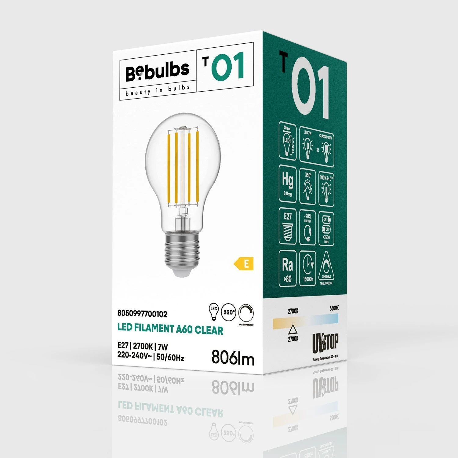 LED Light Bulb Clear Drop A60 7W 806Lm E27 2700K Dimmable - T01