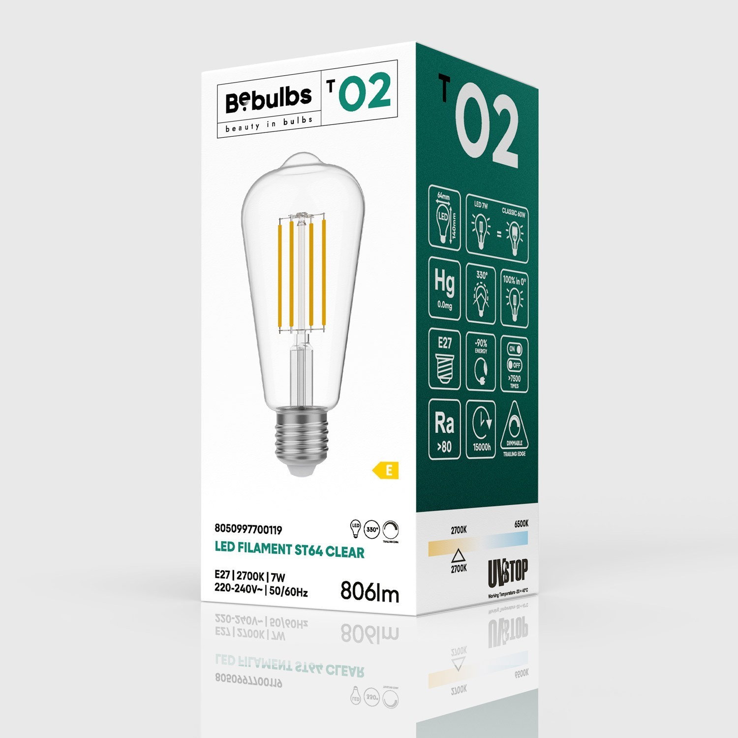 LED Light Bulb Clear Edison ST64 7W 806Lm E27 2700K Dimmable – T02