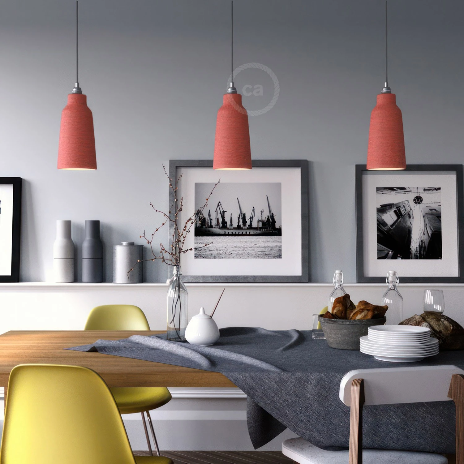 Pendant lamp with textile cable, Bottle ceramic lampshade and metal details - Made in Italy - Bulb included