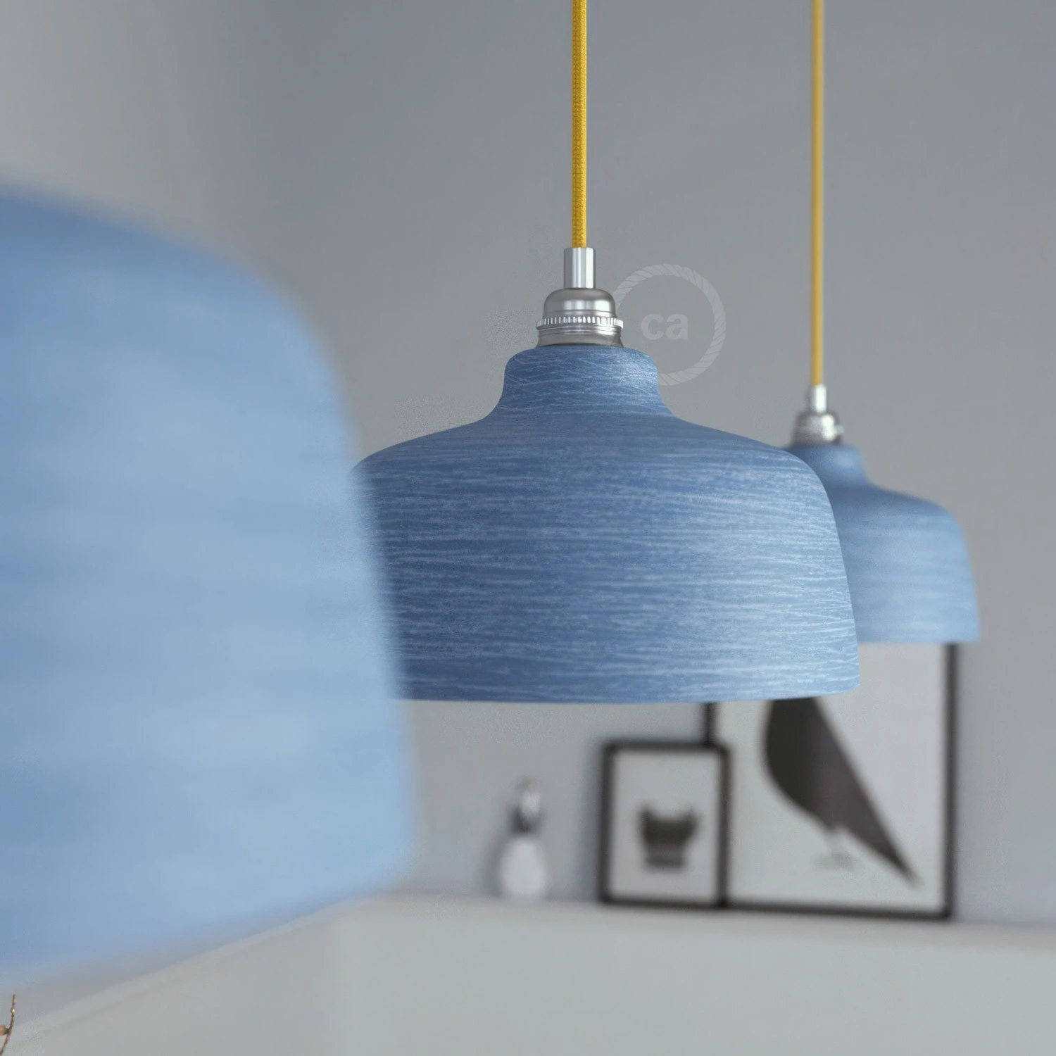 Pendant lamp with textile cable, Cup ceramic lampshade and metal details - Made in Italy - Bulb included