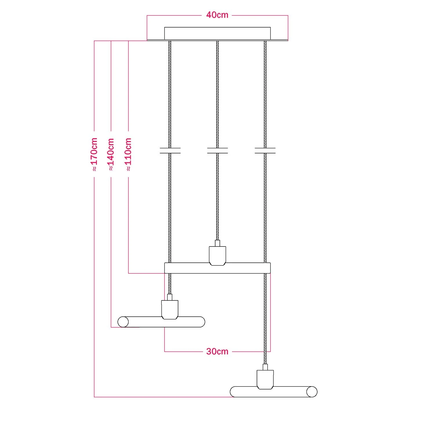 Esse14 suspension lamp with 3 asymmetrical falls comes with Rose-One complete with fabric cable and metal finishes
