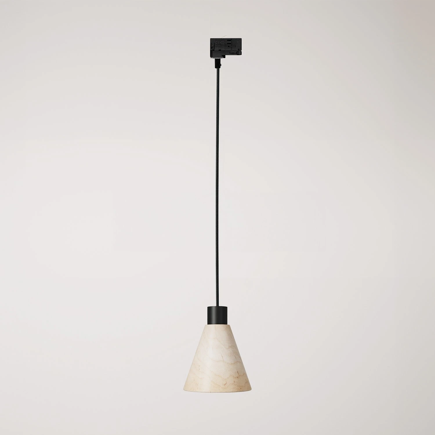 Track pendant lamp with conical wooden shade