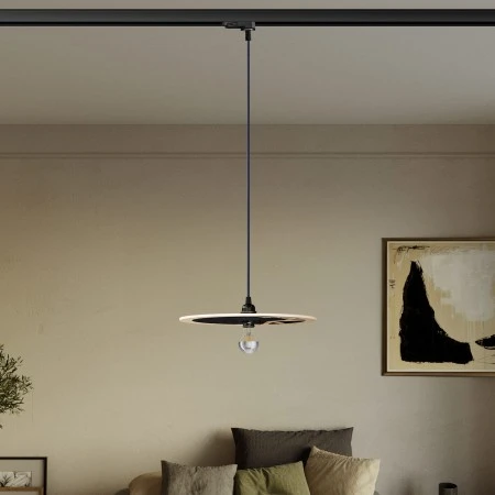 Track pendant lamp with UFO double-sided wooden shade