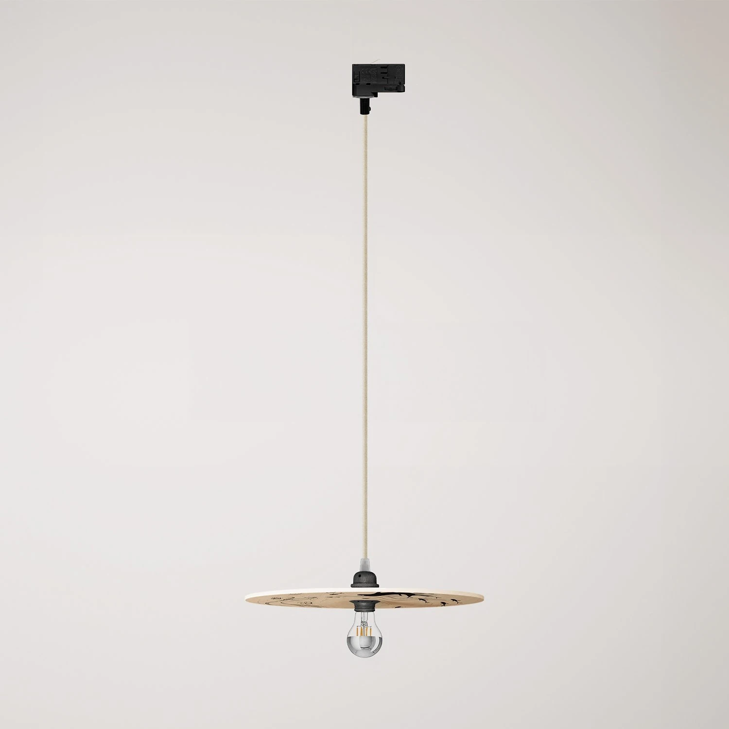 Track pendant lamp with UFO double-sided wooden shade