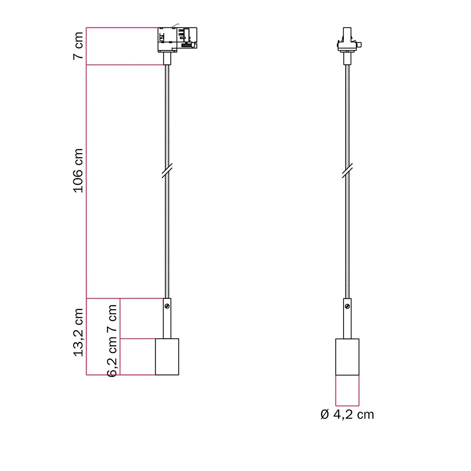 Track pendant lamp with 7cm cable clamp