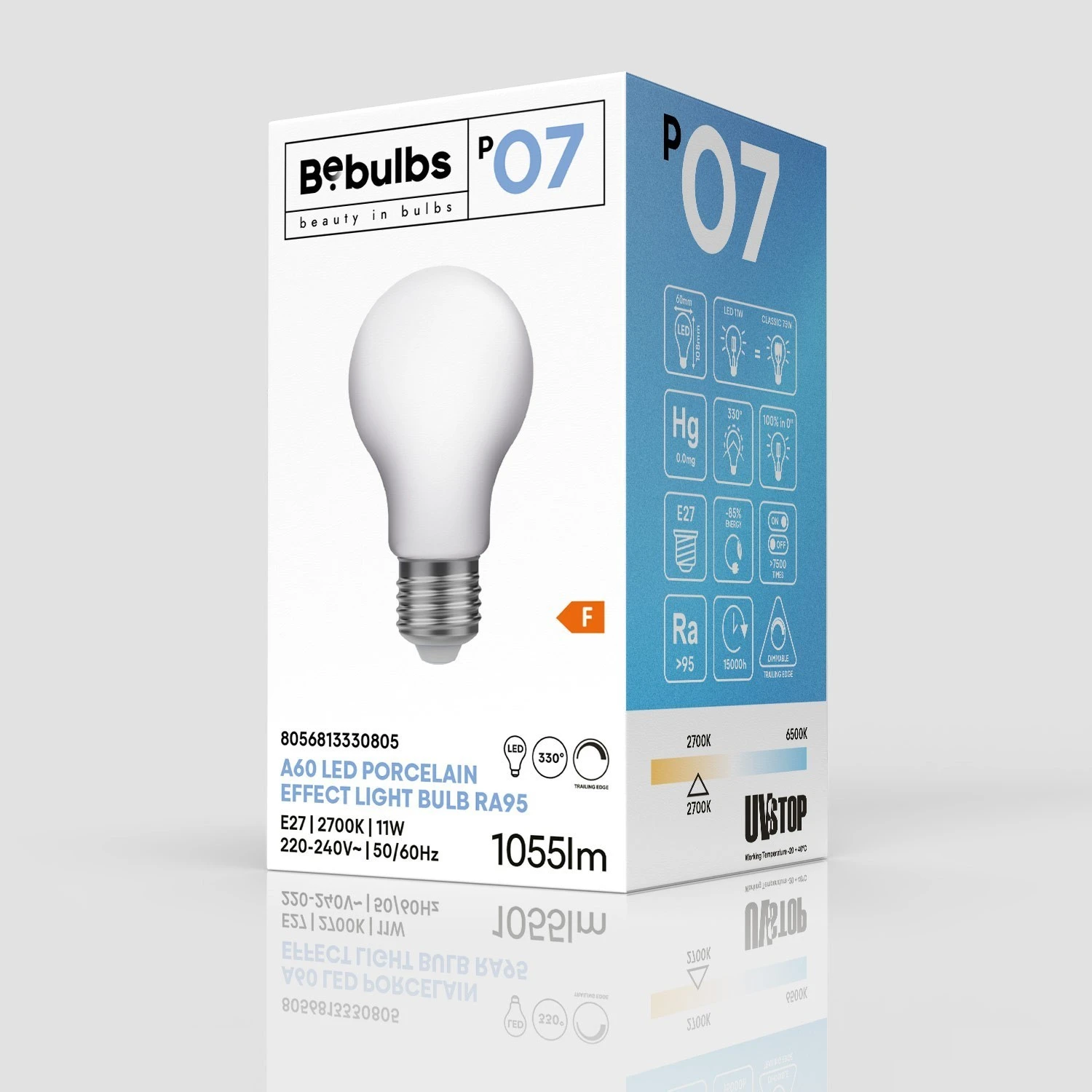 LED Porcelain Effect Light Bulb CRI 95 A60 11W 1055Lm E27 2700K Dimmable - P07