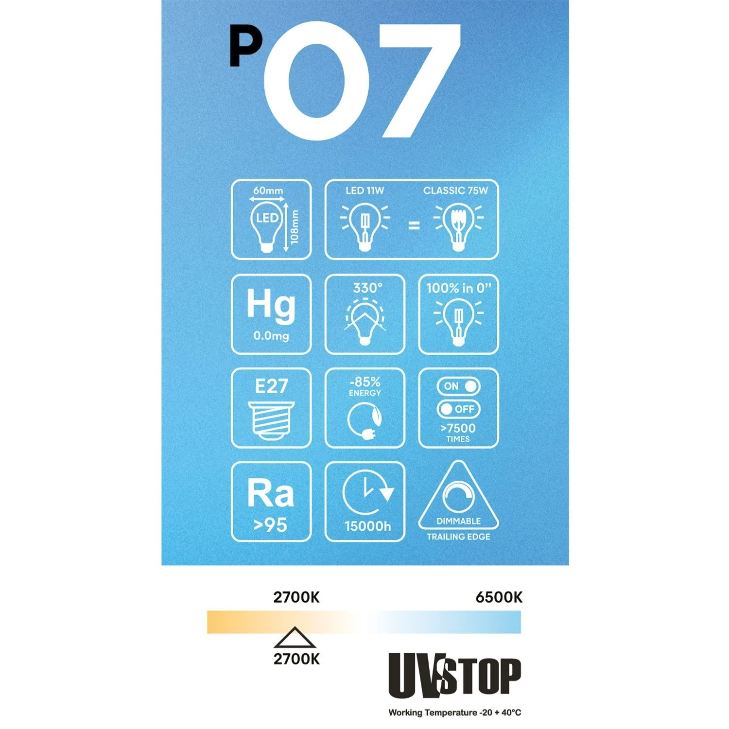LED Porcelain Effect Light Bulb CRI 95 A60 11W 1055Lm E27 2700K Dimmable - P07