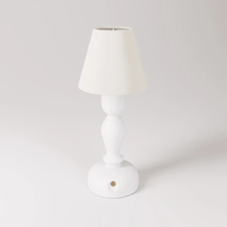 Portable and rechargeable Cabless14 Lamp with droplet bulb and lampshade - White