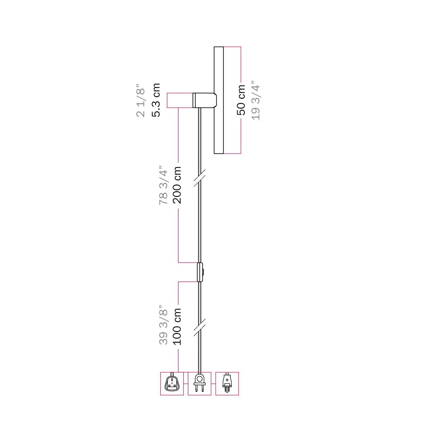 Lamp with plug, metal finish and linear LED S14d bulb