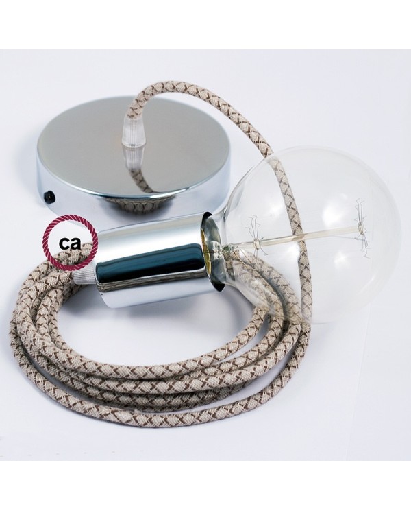 Single Pendant, suspended lamp with Lozenge Bark textile cable RD63