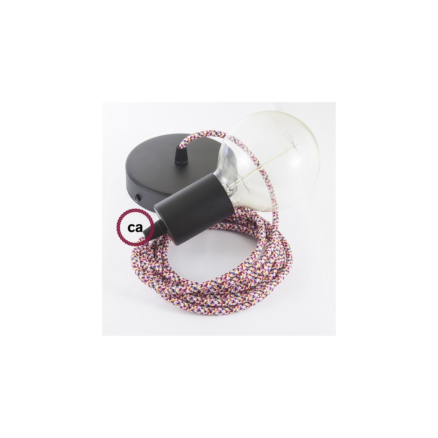 Single Pendant, suspended lamp with Pixel Fuchsia textile cable RX00