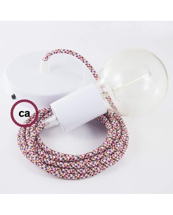 Single Pendant, suspended lamp with Pixel Fuchsia textile cable RX00