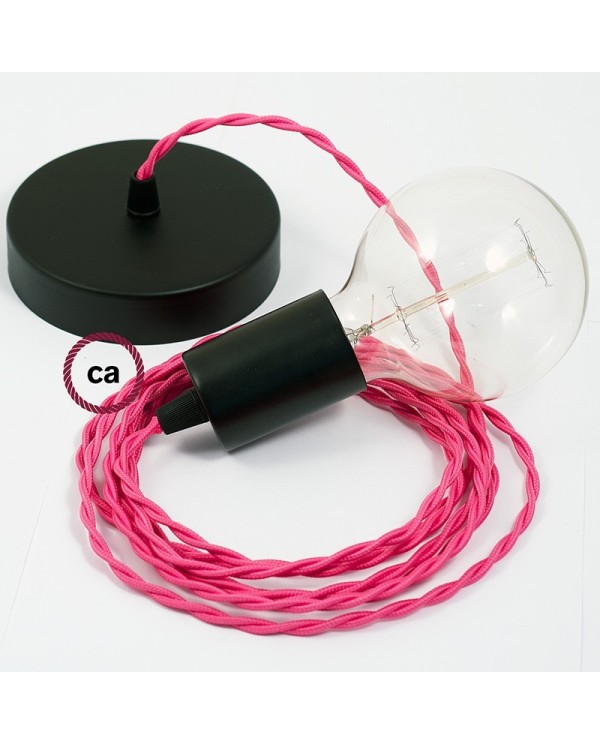 Single Pendant, suspended lamp with Fuchsia Rayon textile cable TM08