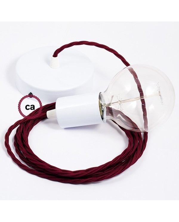 Single Pendant, suspended lamp with Burgundy Rayon textile cable TM19