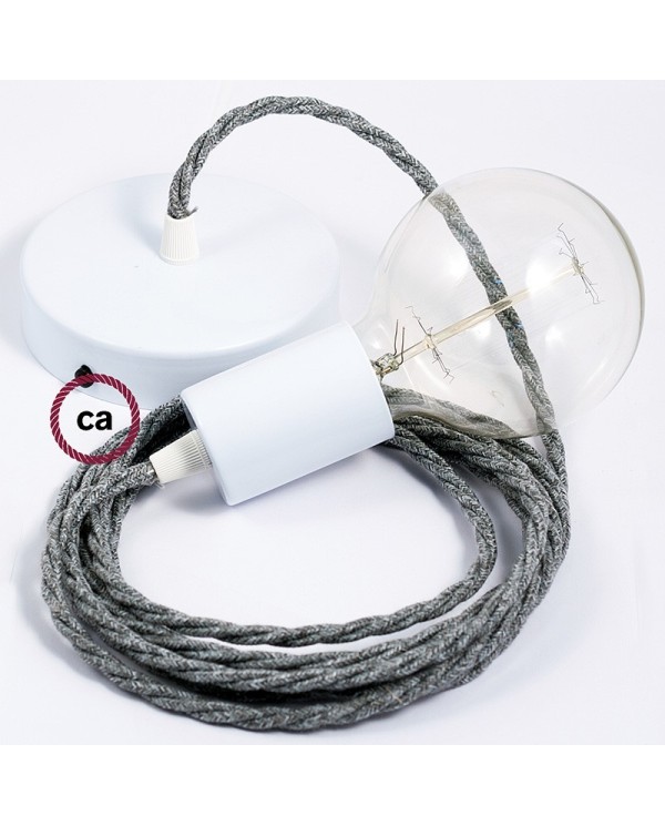 Single Pendant, suspended lamp with Grey Natural Linen textile cable TN02